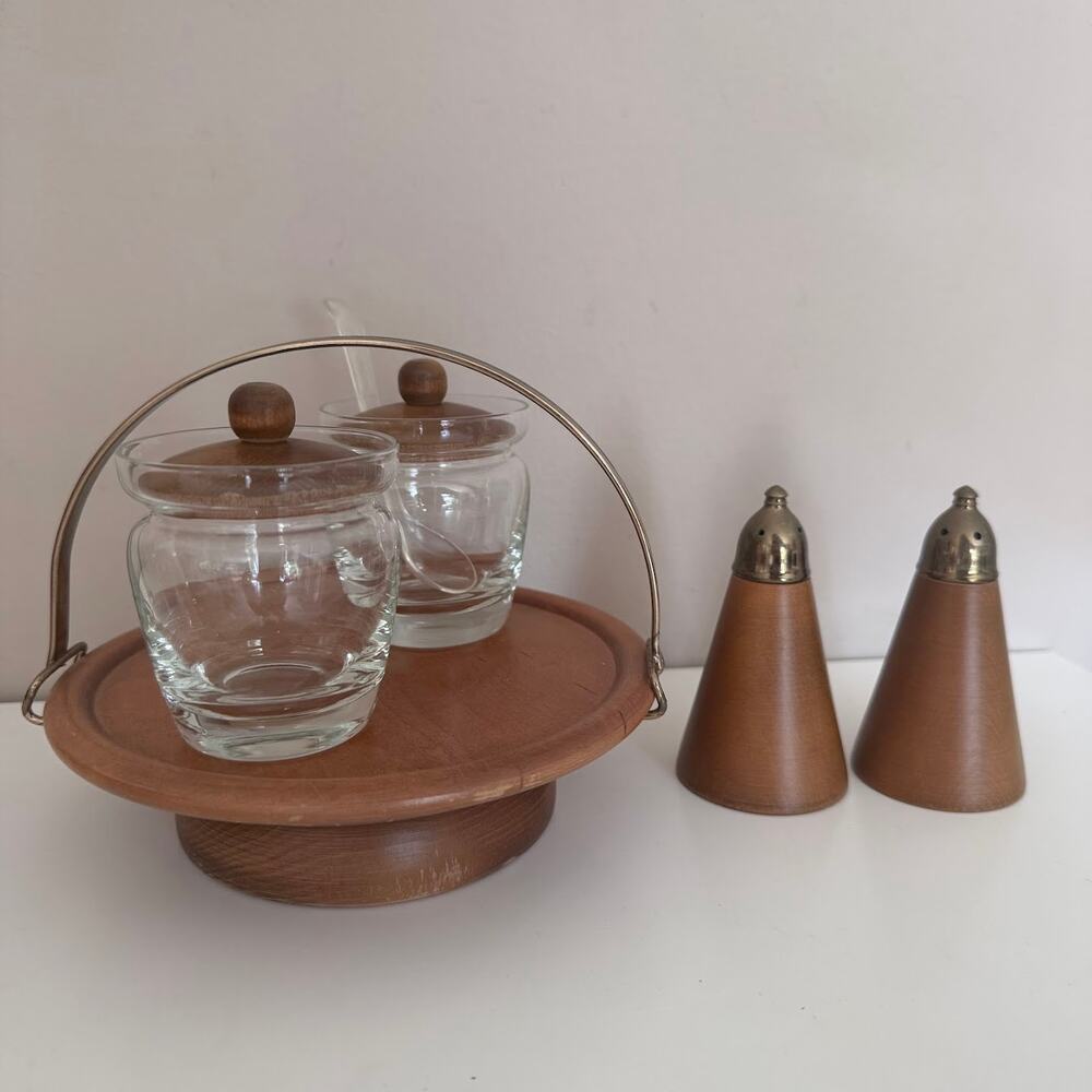 MCM Wood Lazy Susan Spinning Condiment Server Teak Salt and Pepper Shakers